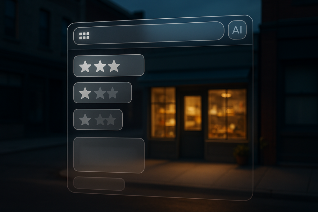 Holographic robot reviewing a website audit dashboard for AI search visibility and schema markup
