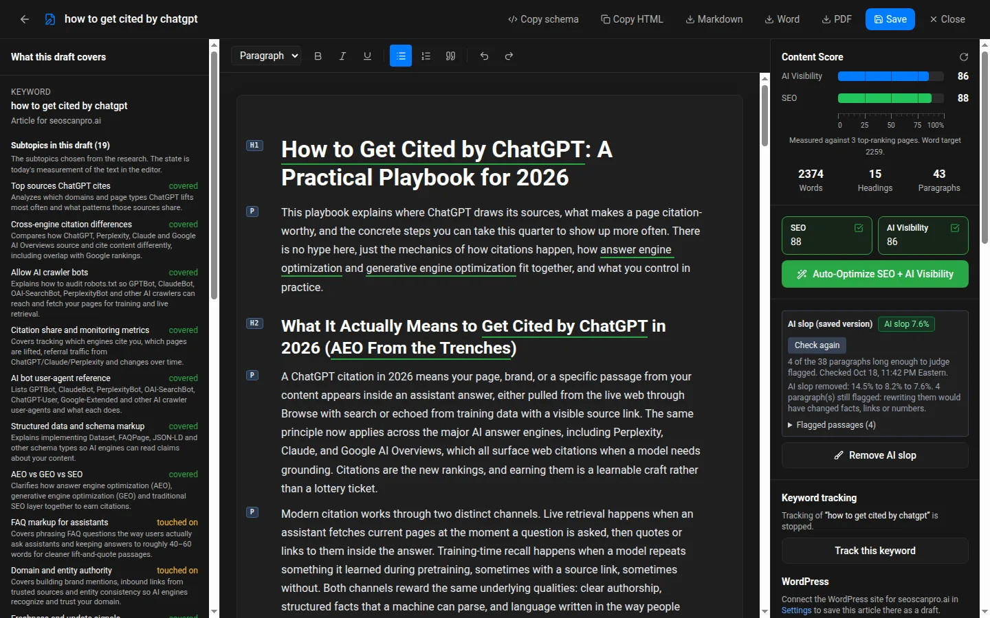 The SEOScanPro Content Writer editor: the subtopics the draft covers on the left, the article in the middle, and the SEO and AI Visibility scores with Auto-Optimize on the right