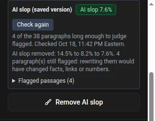 The AI slop panel: the share of paragraphs flagged, the result of the last removal, the flagged passages and the Remove AI slop button