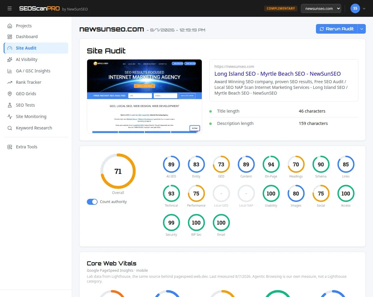 A SEOScanPro site audit report showing the page capture, the search result preview, and a score ring for every category
